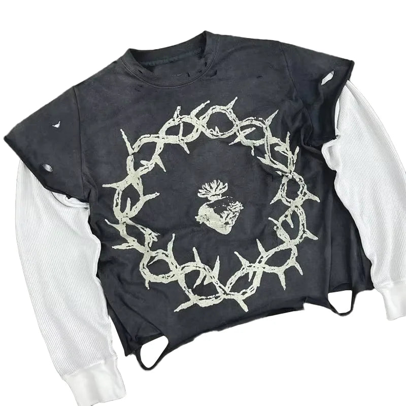 Men's Fashionable Faux Two-Piece Street Style Color-blocking Long-Sleeved T-shirt Custom Logo Loose Fit With Torn Printed Design