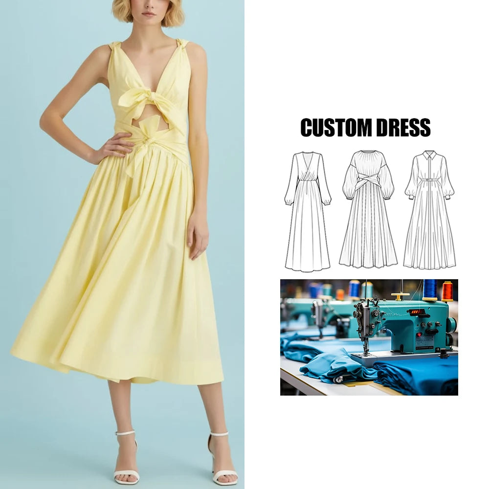 Brand Customization Premium Quality Niche Casual Summer Sleeveless Bows Natural Waist Style New V-Neck Long Dress for Women