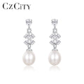 CZCITY Woman Silver Zircon Earing Flower 925 Hot Sale Designer Lady Jewelry Necklace Pearl Drop Earrings