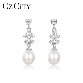 CZCITY Woman Silver Zircon Earing Flower 925 Hot Sale Designer Lady Jewelry Necklace Pearl Drop Earrings