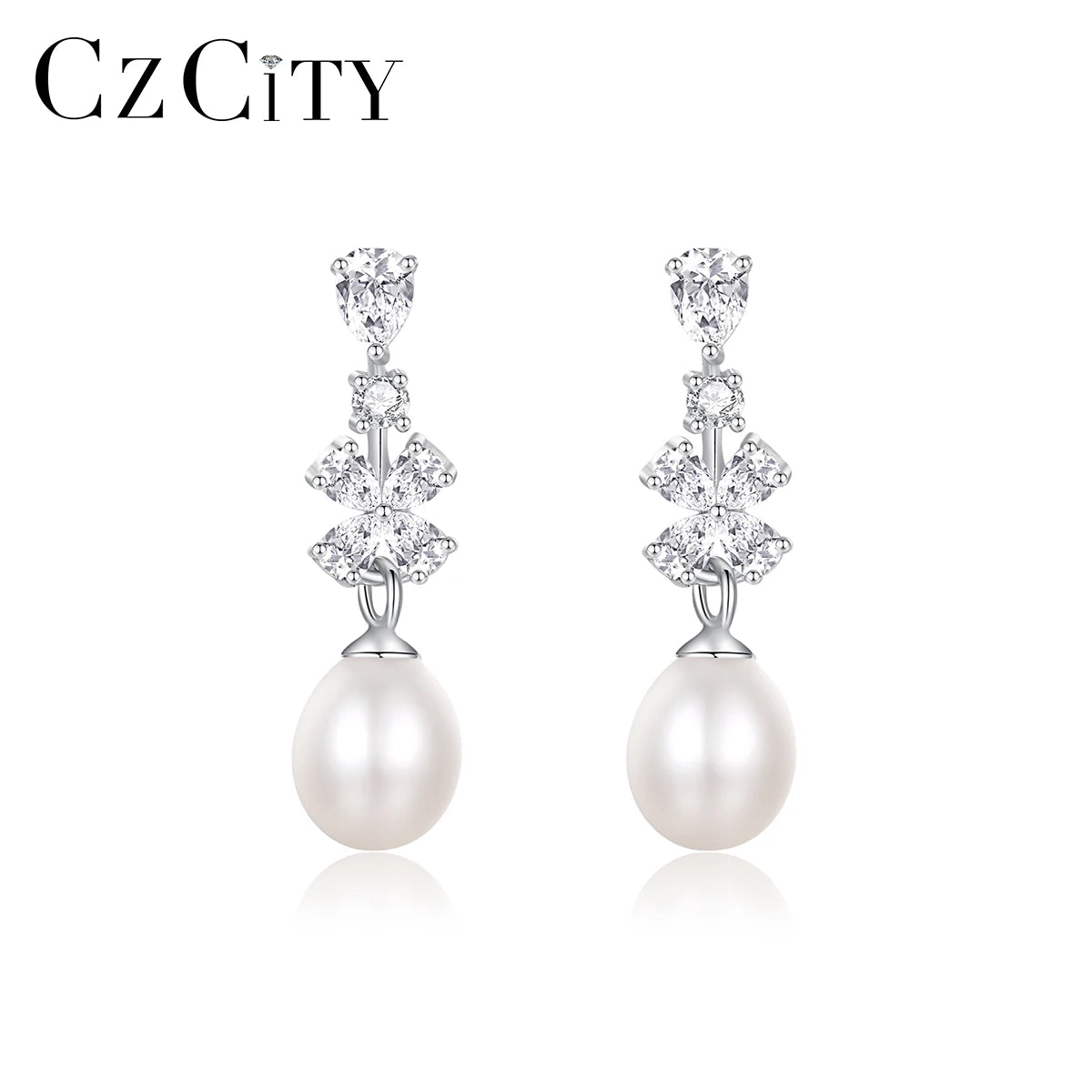 CZCITY Woman Silver Zircon Earing Flower 925 Hot Sale Designer Lady Jewelry Necklace Pearl Drop Earrings