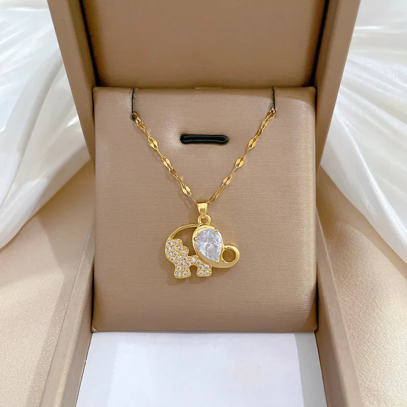 Diamond Zircon Elephant Pendant New Fashion Simple 18K Gold Stainless Steel Collar Chain Bling Elephant Necklace