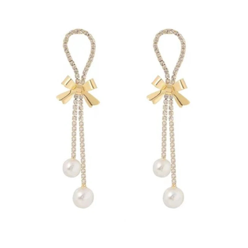 Pendiente 2022 Fashion Bowknot Pearl Earring Gentle and Elegant Long Tassel Jewelry Drop Earrings for Girl and Women