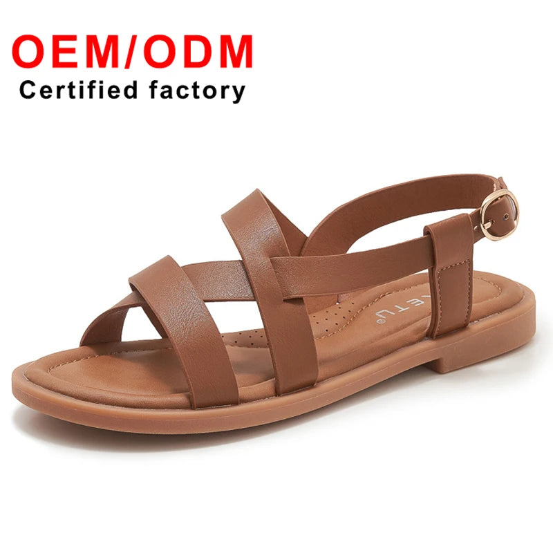Hot Selling Summer Women's Retro Roman Sandals Soft Sole Simple Hollow Buckle Large Size Flat Sandals Fashion Shoes Women