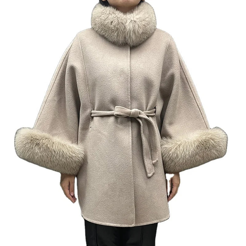 100% Wool Ladies Belt Cape Women Fox Fur Trim Fur Shawl Winter Fur Poncho
