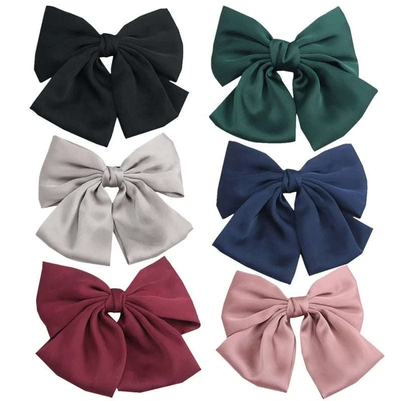 MIO New Fashion Large Bow Knot Hair Clip Spring Clip Silk Feeling Plain Color Luxury Hair Accessories for Women Girls