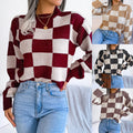 Street Style Contrasting Color Plaid Long-sleeved Pullover Knitted Sweater