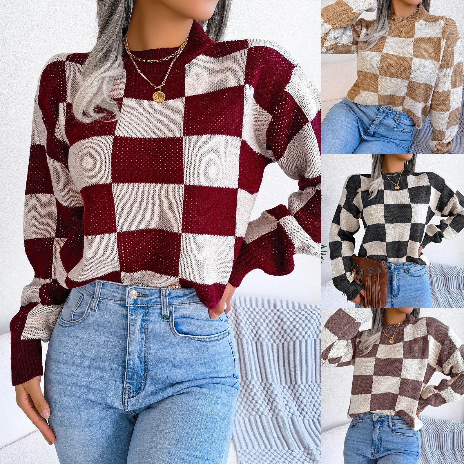 Street Style Contrasting Color Plaid Long-sleeved Pullover Knitted Sweater
