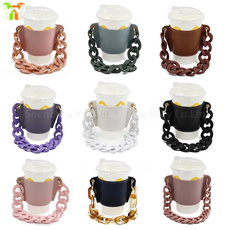 RTS Portable PU Leather Cup Sleeve Reusable Coffee Cup Holder with Removable Handle Chain Travel Drinks Tea Carrier