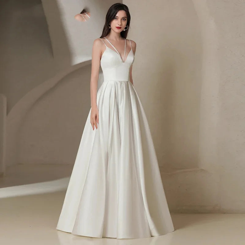 Sexy Backless Prom Dress V Neck Sleeveless Floor Length Women Party Evening Satin Wedding Gown