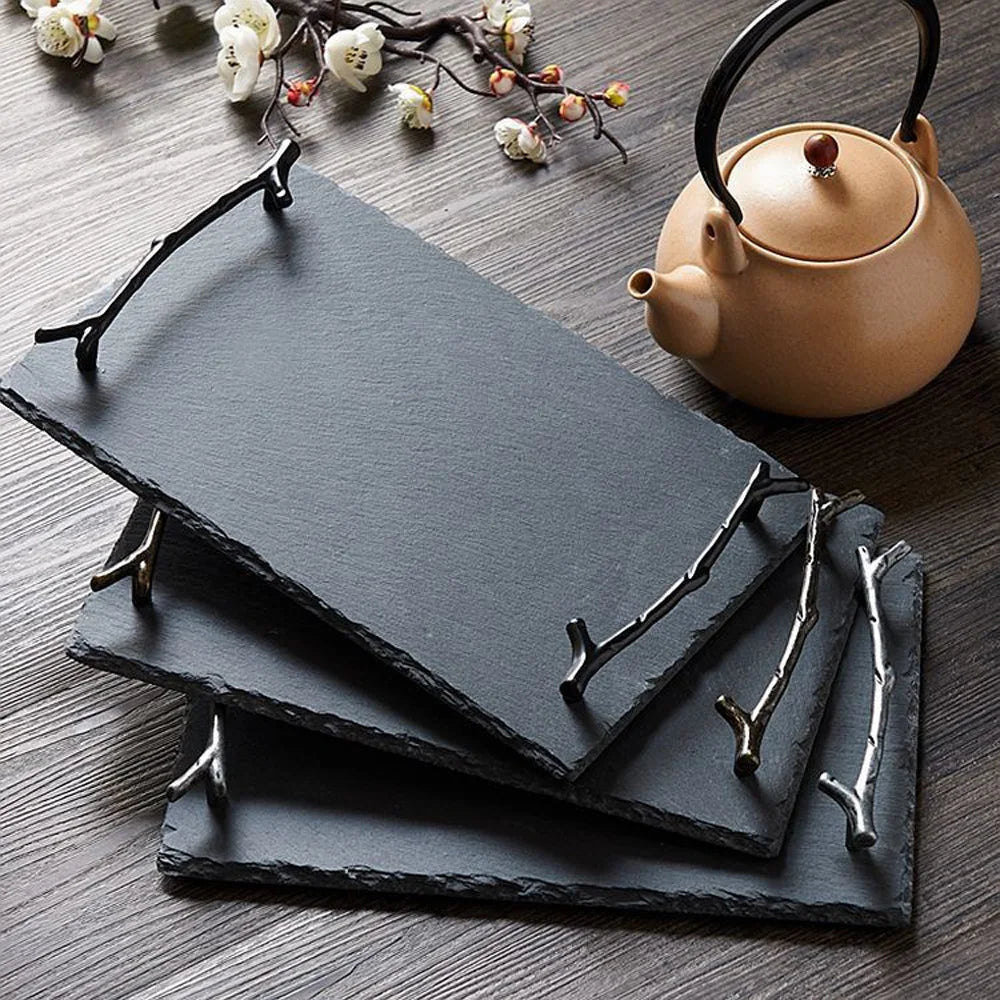 Modern Natural Black Slate Cheese Serving Tray Board Plate Handles Wholesale Dish for Dessert Cake Party Dishes Factory Direct