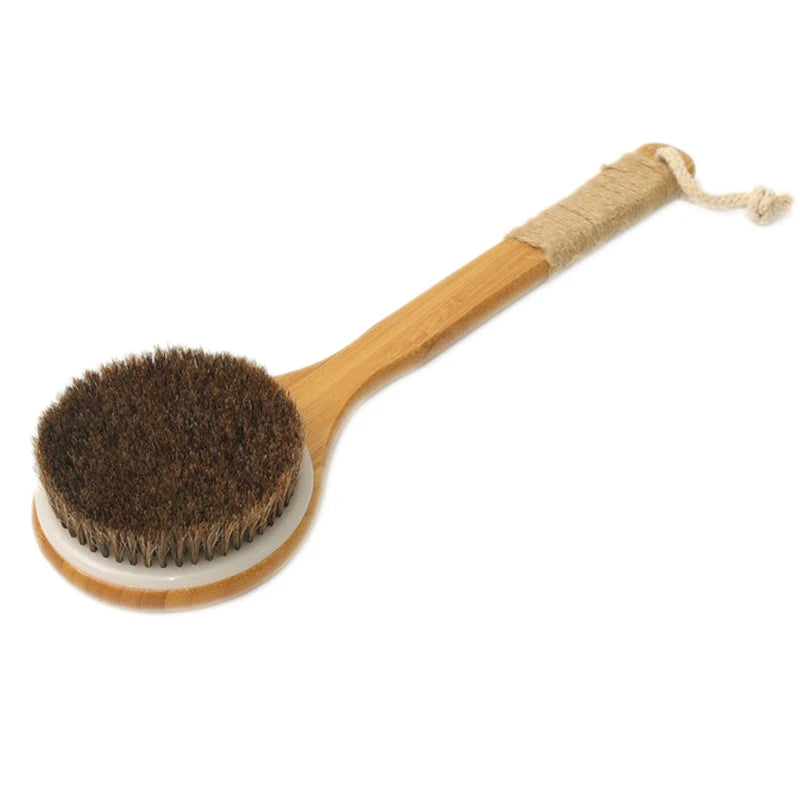 Custom Logo Bamboo Long Handle Shower Brush Natural Horse Hair Bristles Bath Body Brush MegaBDM