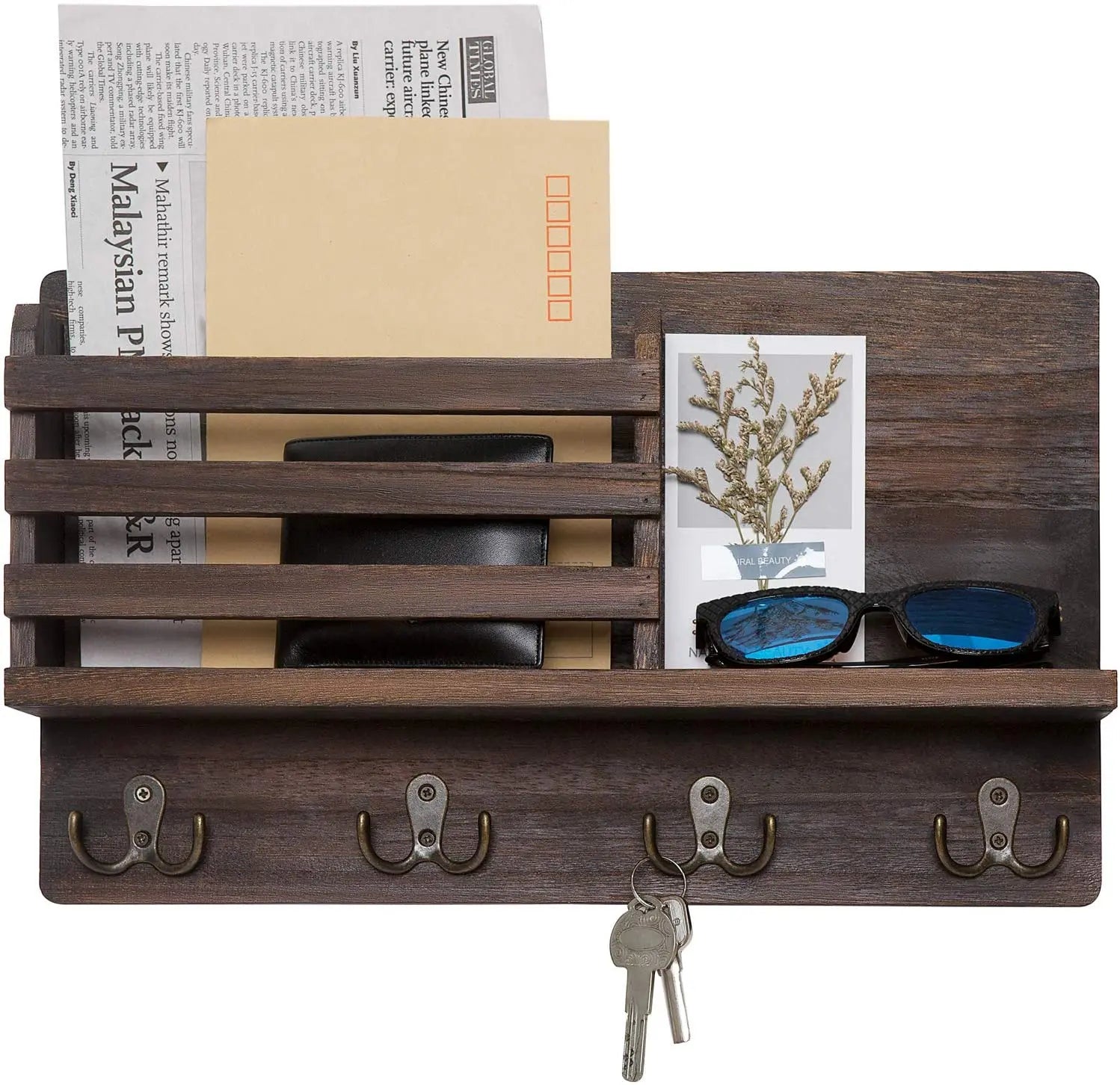 Key Mail Holder Rustic Natural Paulownia Wood 4 Double Hook Hangers Wall Mounted Organizer for Living Room Decor Bags
