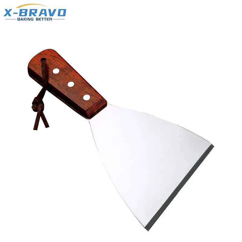 Wooden Handle Cooking Shovel Oblique Edge Stainless Steel Pancake  Steak Multi-function Baking Shovel Trumpet