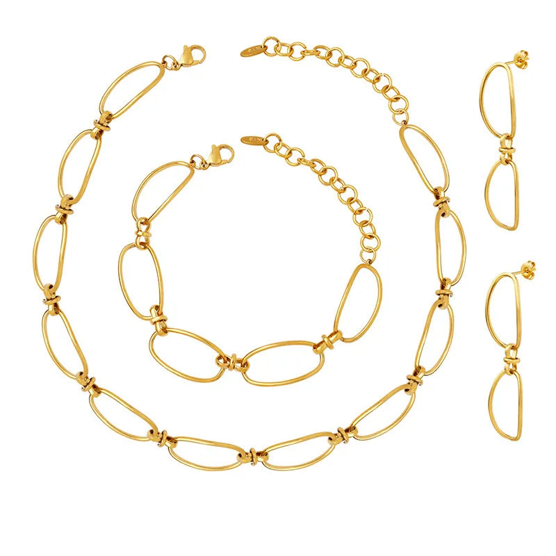 French Retro Oval Buckle Splicing 18K Gold Plate Stainless Steel Link Cable Chain Choker Necklace Bracelet Jewelry Set for Women