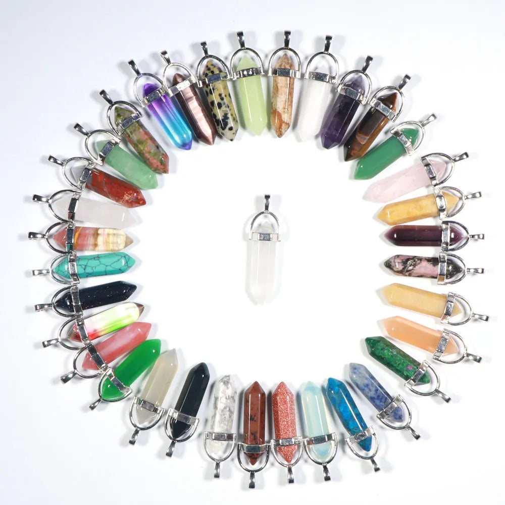 Factory Price Hexagon Prism Stone Pendant Necklace Bullet Shape Point Natural Crystal Healing Stone Pendant Necklace