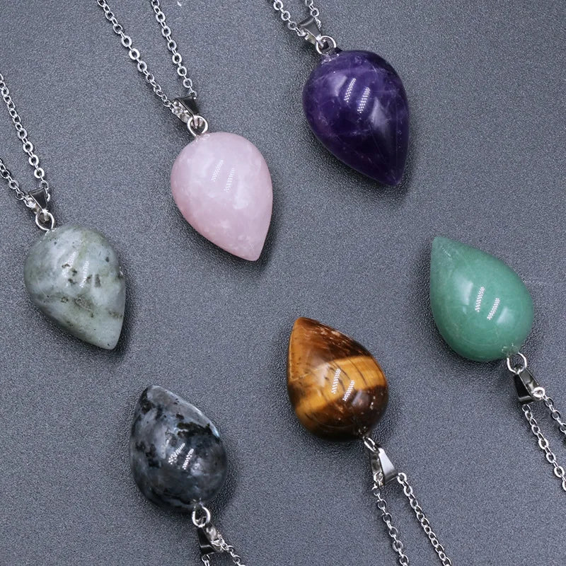 Simple Stainless Steel Chains Colorful Natural Crystal Jade Stone Agate Water Drop Gemstone Pendant Necklace for Men Women