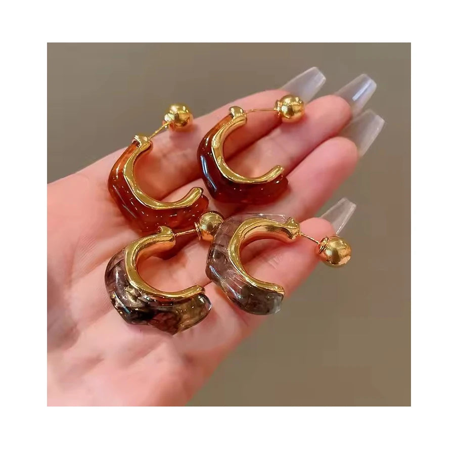 Fashion Design Irregular C Shaped Acrylic Earrings Gold Plated Silver Needle Chunky Double C Shape Hoop Earrings for Women