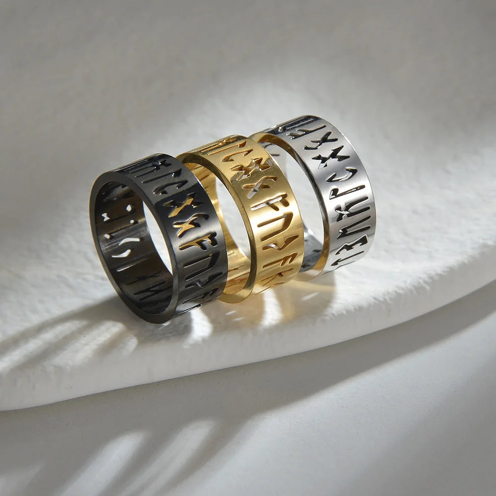 8mm Anillos De Oro Para Hombre Hollow Out Viking Letters Ring for Boys