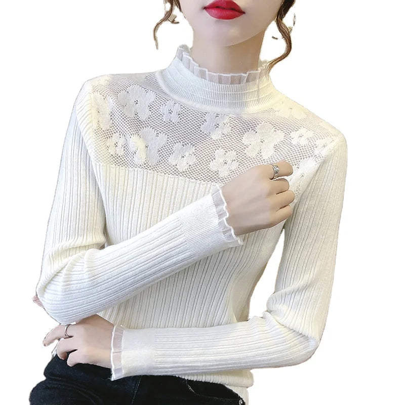 Women's Autumn and Winter New Lace Lace Trim Slim Fit Underlay Top Versatile Long Sleeve Knitted Sweater