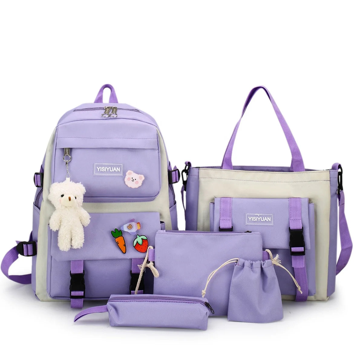 OBM New Arrival 5 in 1 Fashion Pink Canvas College Student School Laptop Book Bag With Lunch Cooler Bag Pencil Cases Purse