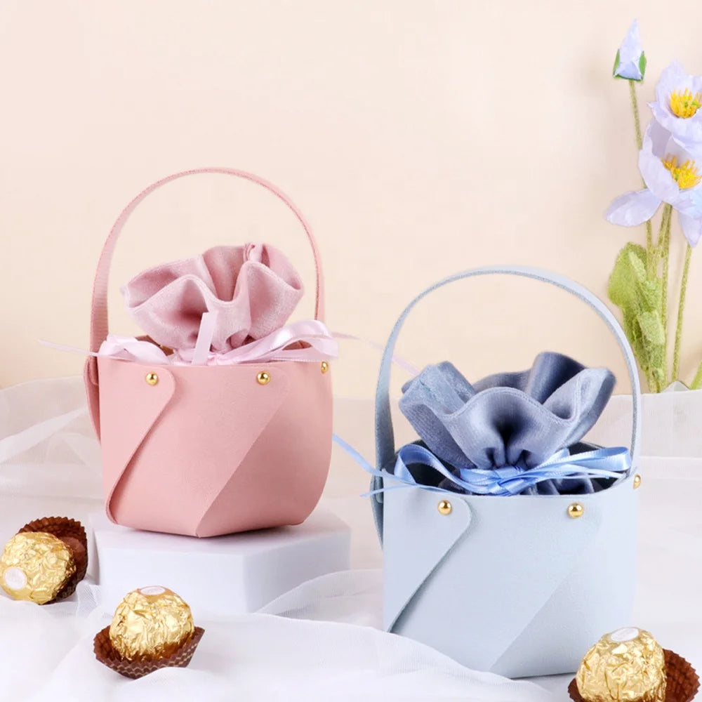 Handle PU Leather Basket with Velvet Bag Set for Wedding Birthday Party Candy Sweet Gifts Favor Packaging Decor