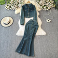 LW1014 2025 New Casual Women'S Set Vintage Denim Suit Slim Short Jacket + High-Waisted Fishtail Skirt Two-Piece Set