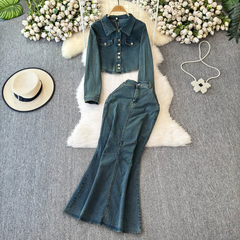 LW1014 2025 New Casual Women'S Set Vintage Denim Suit Slim Short Jacket + High-Waisted Fishtail Skirt Two-Piece Set