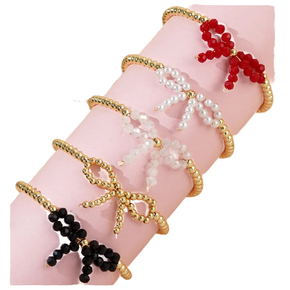 Go2boho New Fashion Delicate Bow Tie Bangles Boho Imitation Pearl Crystal 18K Gold Plated Copper Beaded Bracelets Jewelry Women