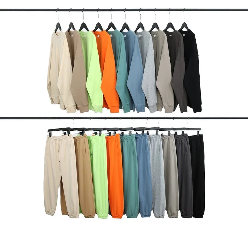 Custom Logo Printed 350g Cotton Knitted French Terry Tshirt Set O Neck Sweatshirt 100% Cotton Two Pieces Set