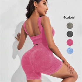 Aoyema Acid Wash Two Piece Biker Shorts Set Butt Lift Seamless Women Fitness Gym Yoga Active Wear