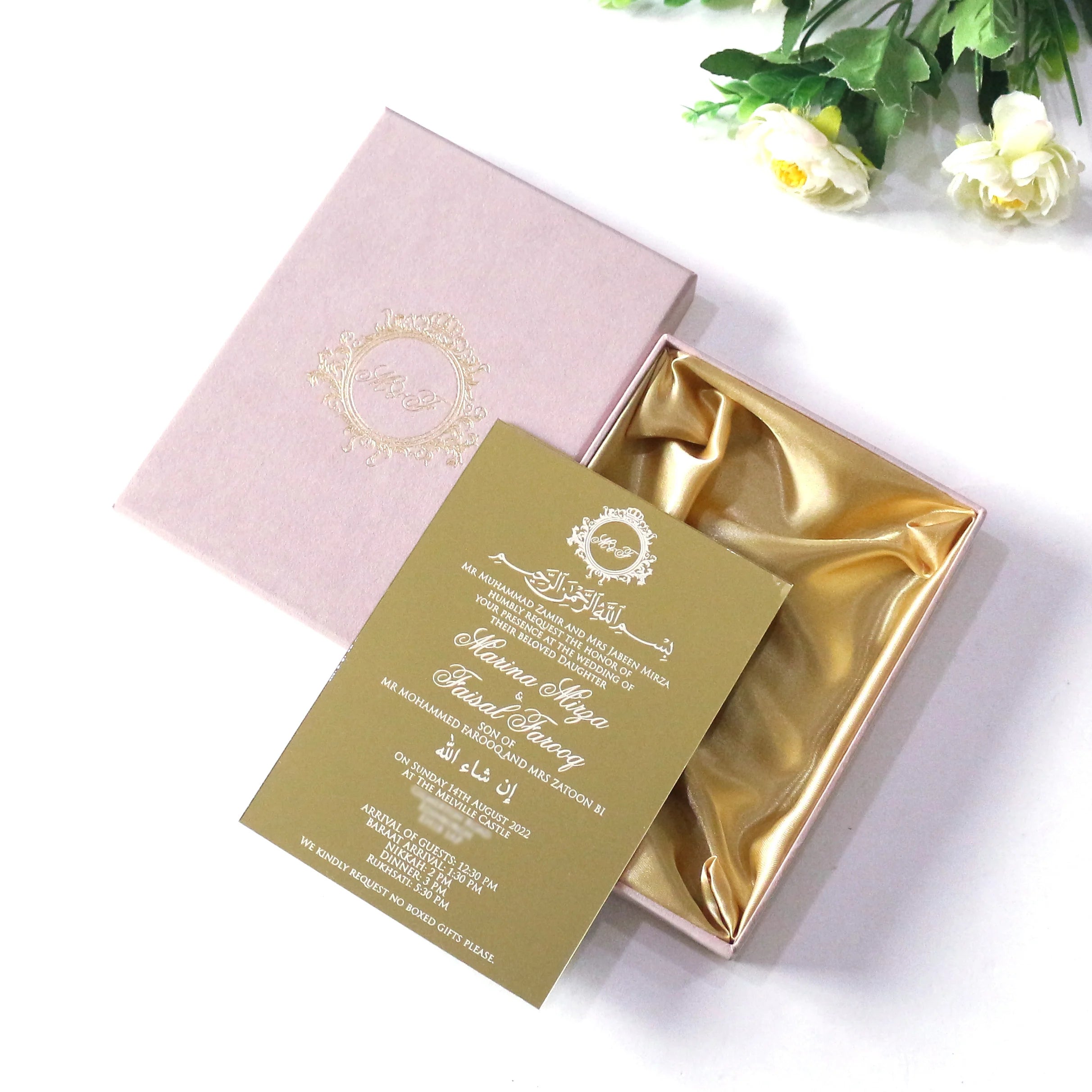 DIY 5X7 Inches White and Gold Mirror Acrylic Wedding Invites With Premium Blush Pink Velvet Hardcover Box