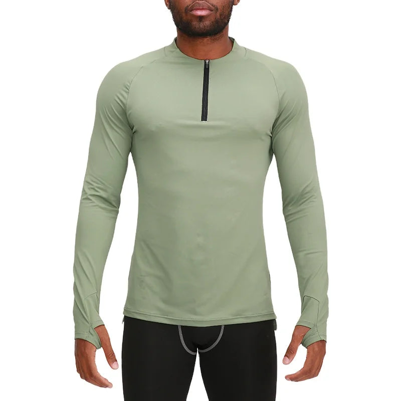 Customize Outdoor Workout Fitness Sports Wear 240g Solid Regular Fit 1/4 Zip Long Sleeve Men Jogging Compression Gym Shirt Woven