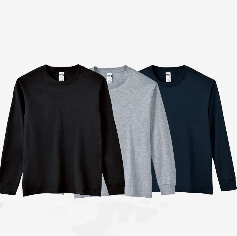 Men's Pure Cotton 220g Long-Sleeved T-Shirt Spring Autumn Trend Loose Pure White Knitted Sweater All-Match Fashion Bottoming