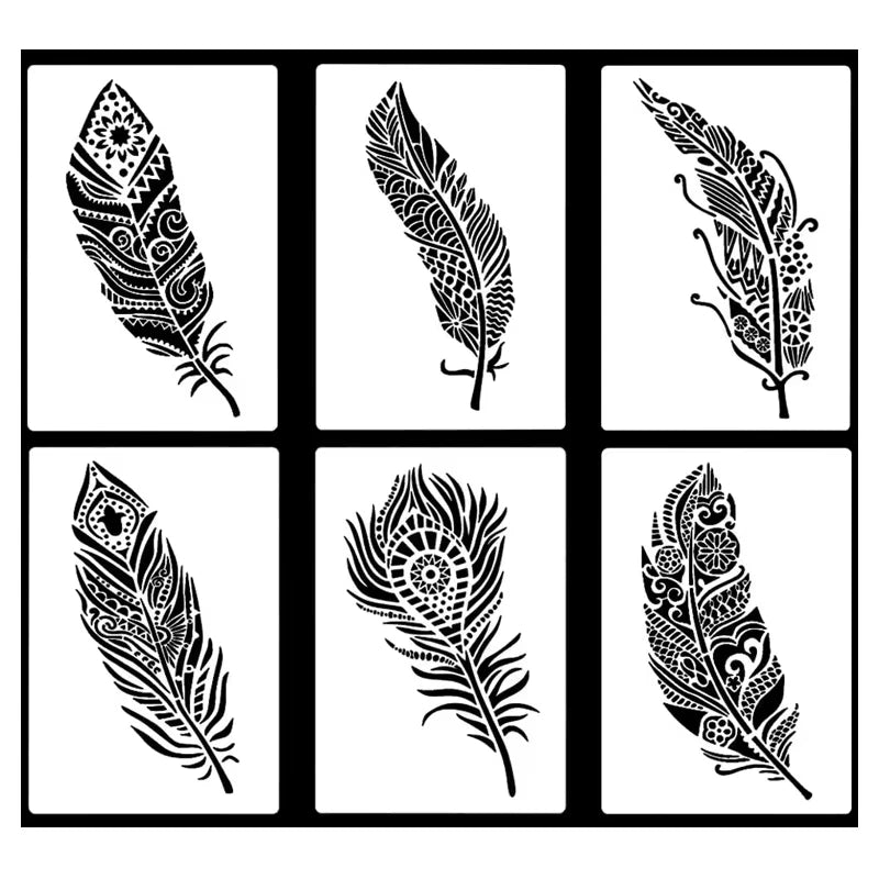 6PCS Mandala Feather Stencils Reusable Feathers Painting Stencil Template DIY Furniture Wall Floor Decor