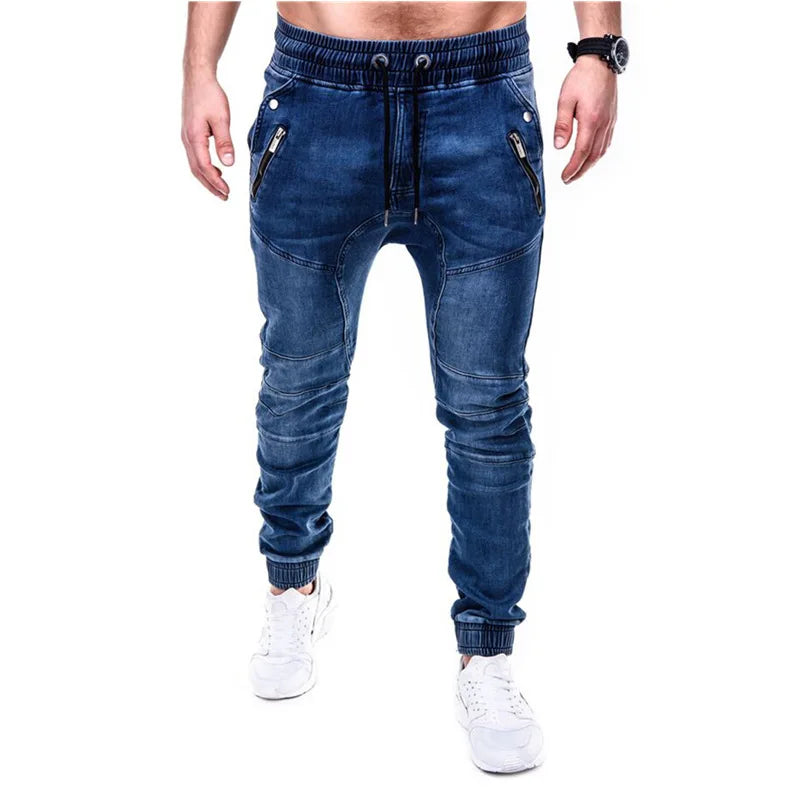 New Men's Multi-Pocket Stretch-fit Jeans Business Casual Classic Style Denim Male Blue Business Casual Pants