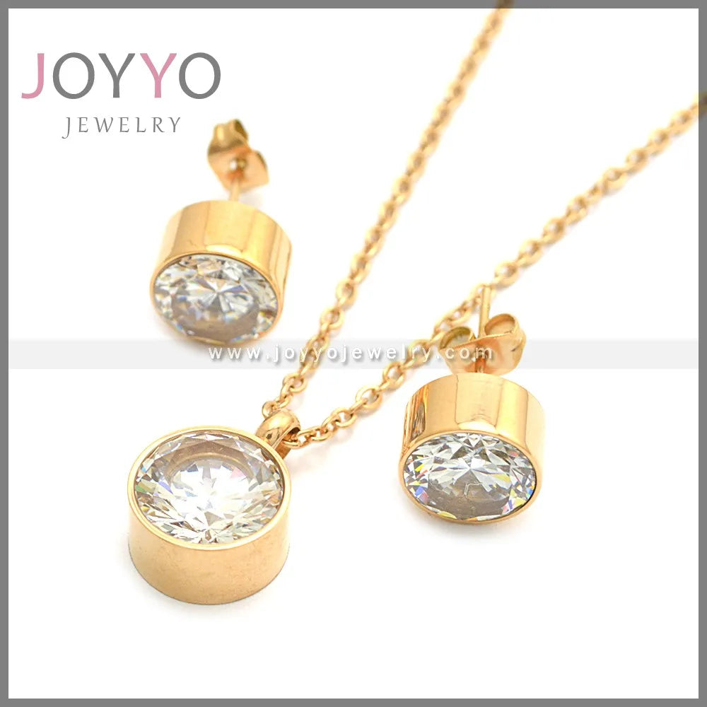 Fancy Luxury Wedding Women Rose Gold Plated Cubic Zirconia Stainless Steel Earring and Necklace Set Jewelry Sets