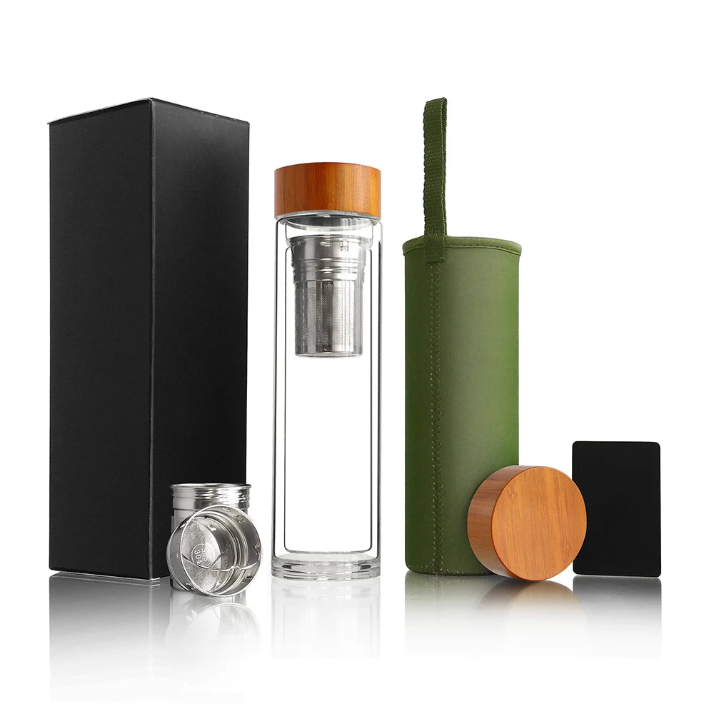 BPA Free Eco-friendly Double Walled High Borosilicate 500ml Tea Infuser Stainless Steel Lid Glass Tea Mug