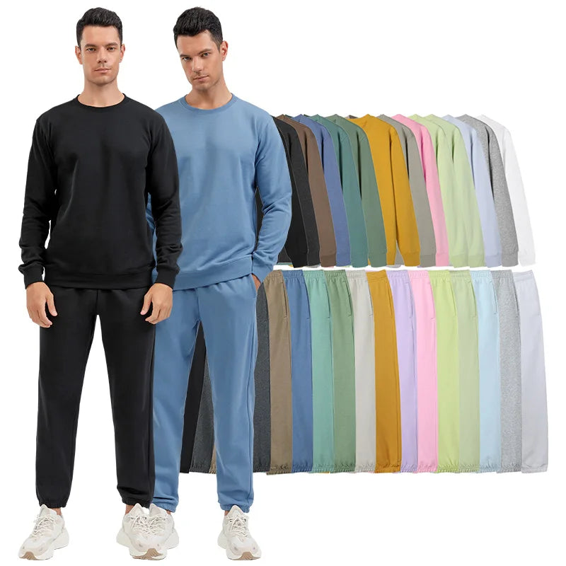 Mens Running Tracksuits Crewneck Sweatshirt Heavy Cotton Sweatpants 2 Piece Set Blank Men Sweatsuits