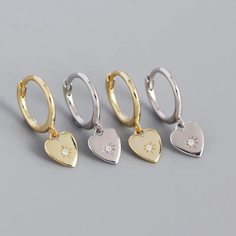 Minimalist Dainty Sterling Silver Earrings Small Hoop Dangle Crystal Peach Heart Pendant Gold Plated Hoops 925 Silver