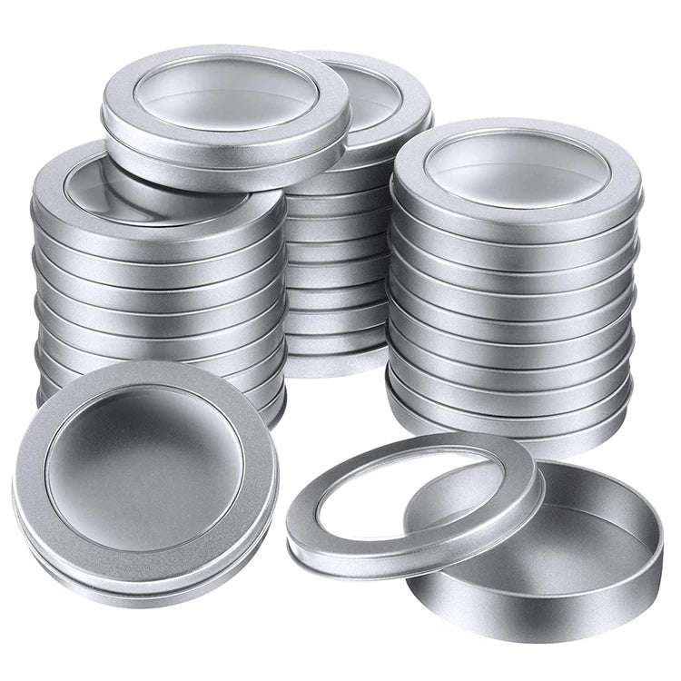 Cheap 4oz Metal Round Cans Empty Clear Top Silver Candles Candies Gifts Storage Small Round Tin Box