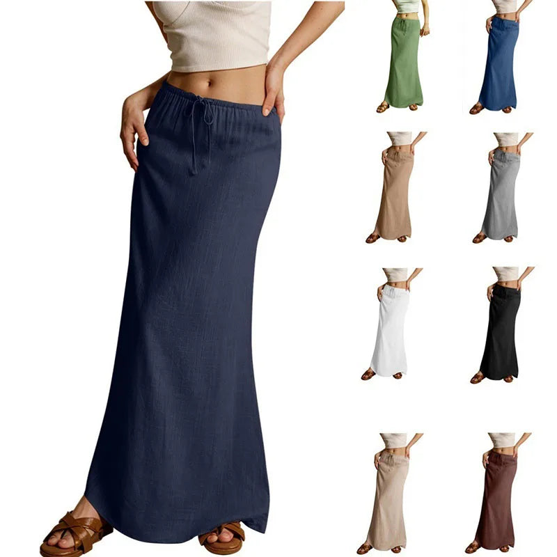 RNSHANGER Summer Vacation Women's Summer Maxi Skirt Drawstring Low Waist a Line Casual Skirts Bodycon Beach Long Skirt