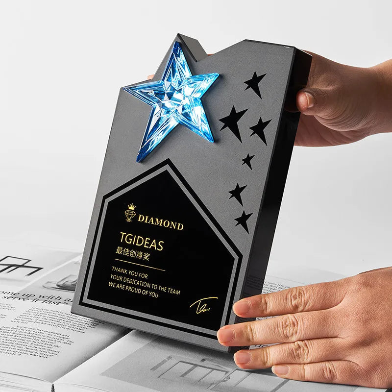 Custom Obsidian Five-Pointed Star Crystal Trophy Creative Engraving Carved Model for Distributor Cooperation Trophies
