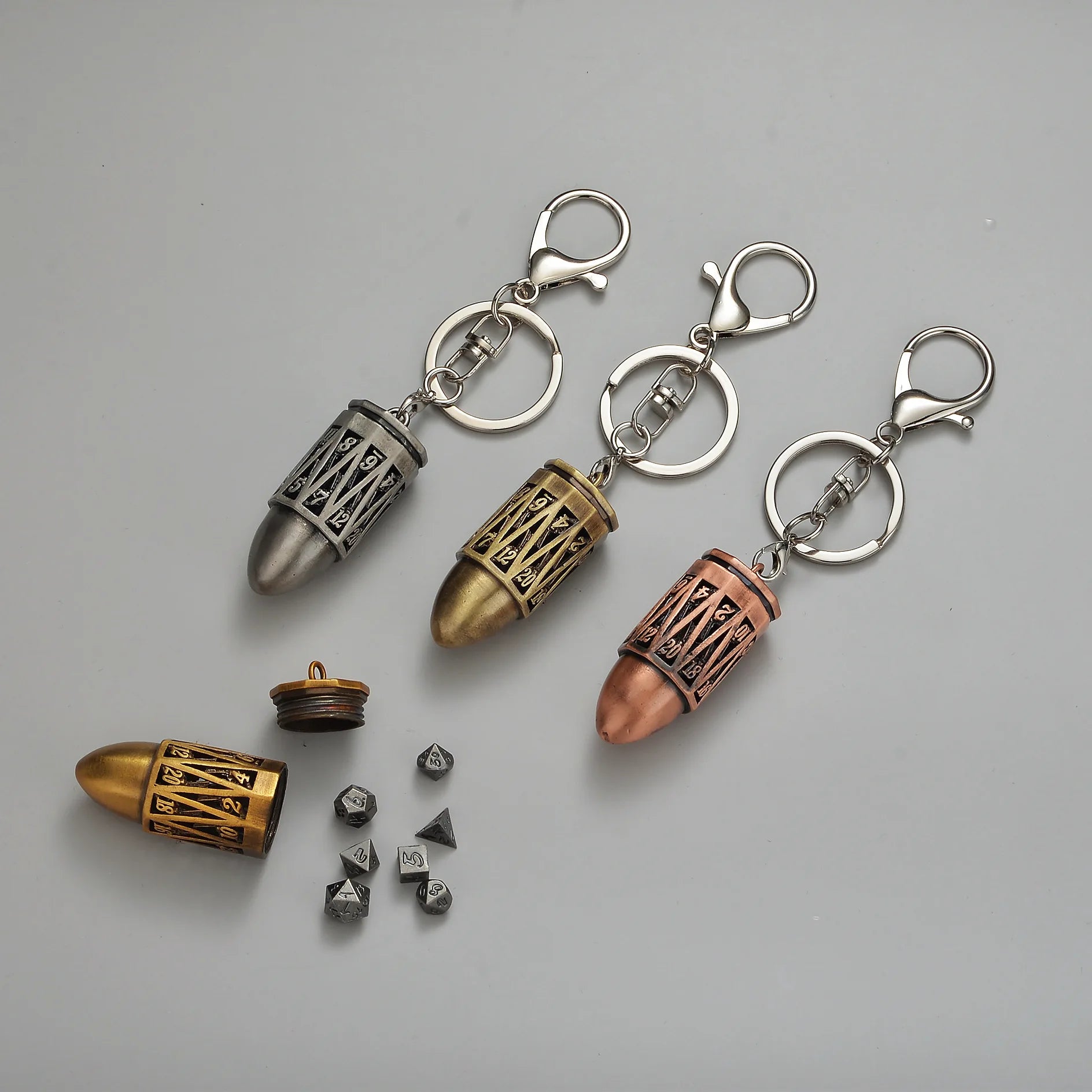 Mini Copper Carved 6mm Bullet Keychain Dragon Collection Polyhedral Dice Set DND RPG Tabletop Games Portable Storage Accessories