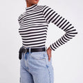 Custom Logo Slim Fit Tee Women's Mock Neck Striped Comfort Ladies Tee T-shirt for Women Long Sleeve Sweatshirt Yoga Training