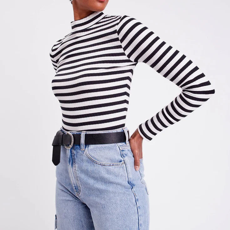 Custom Logo Slim Fit Tee Women's Mock Neck Striped Comfort Ladies Tee T-shirt for Women Long Sleeve Sweatshirt Yoga Training