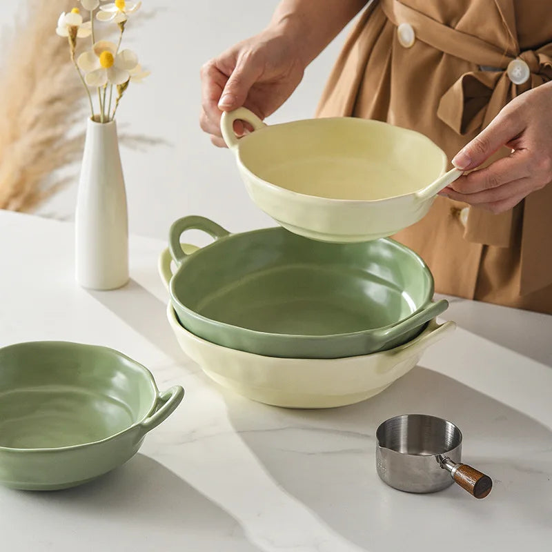 Solhui Restaurant Creative High-end Tableware Irregular Baking Nordic Style Household  Binaural Round Ceramic Soup Bowl