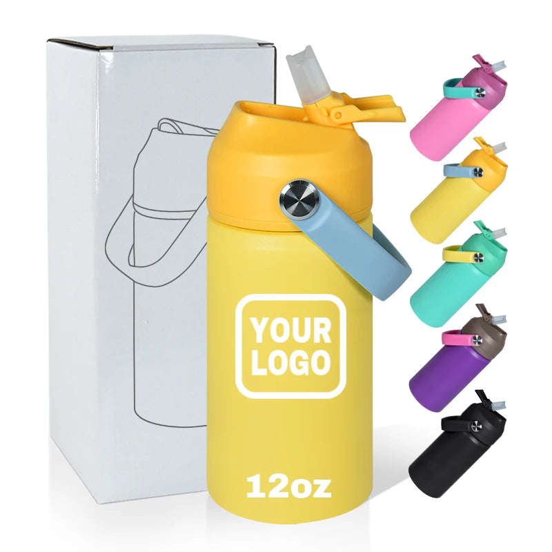 New Arrival 12oz Water Bottle Double Wall Flat Edge Powder Coated Blank Tumbler Flip Top Kid Vacuum Flask With Handle