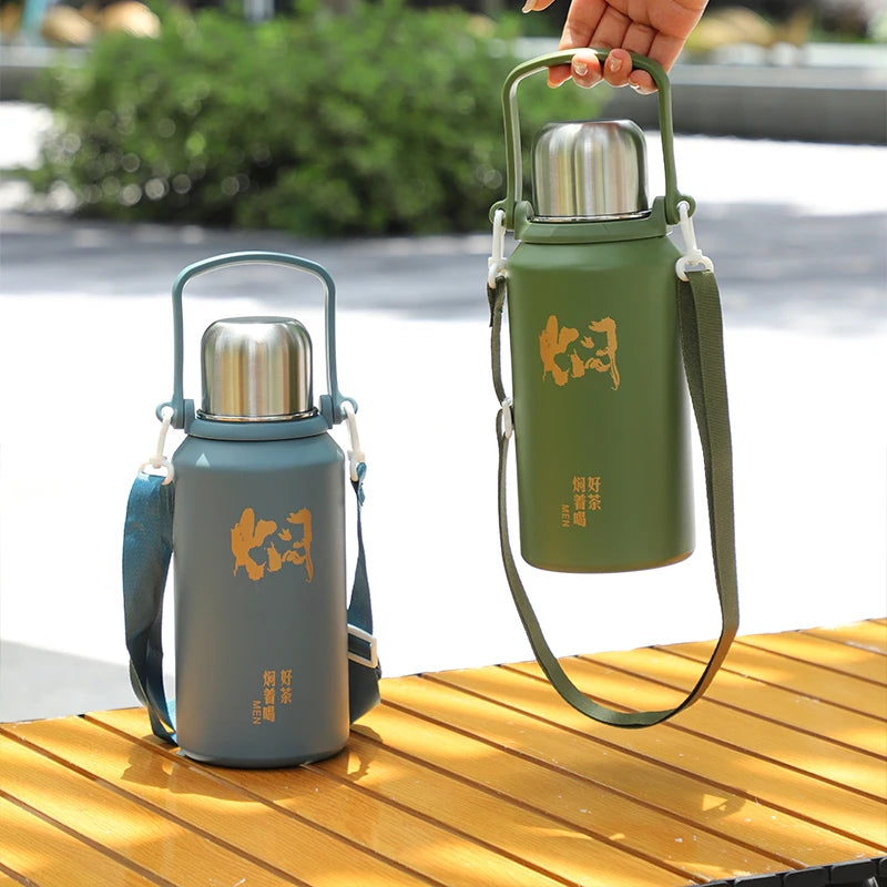Custom logo Stainless Steel Vacuum Cup Water Bottle Insulated 900ml 1200ml Outdoor Portable Handle Travel Pot Flasks