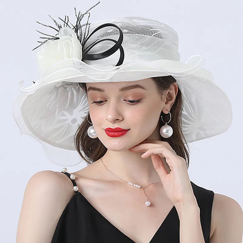Women Summer Church Organza Wide Brim Sun Ladies Fascinator for Wedding Bridal Dress Party Hat